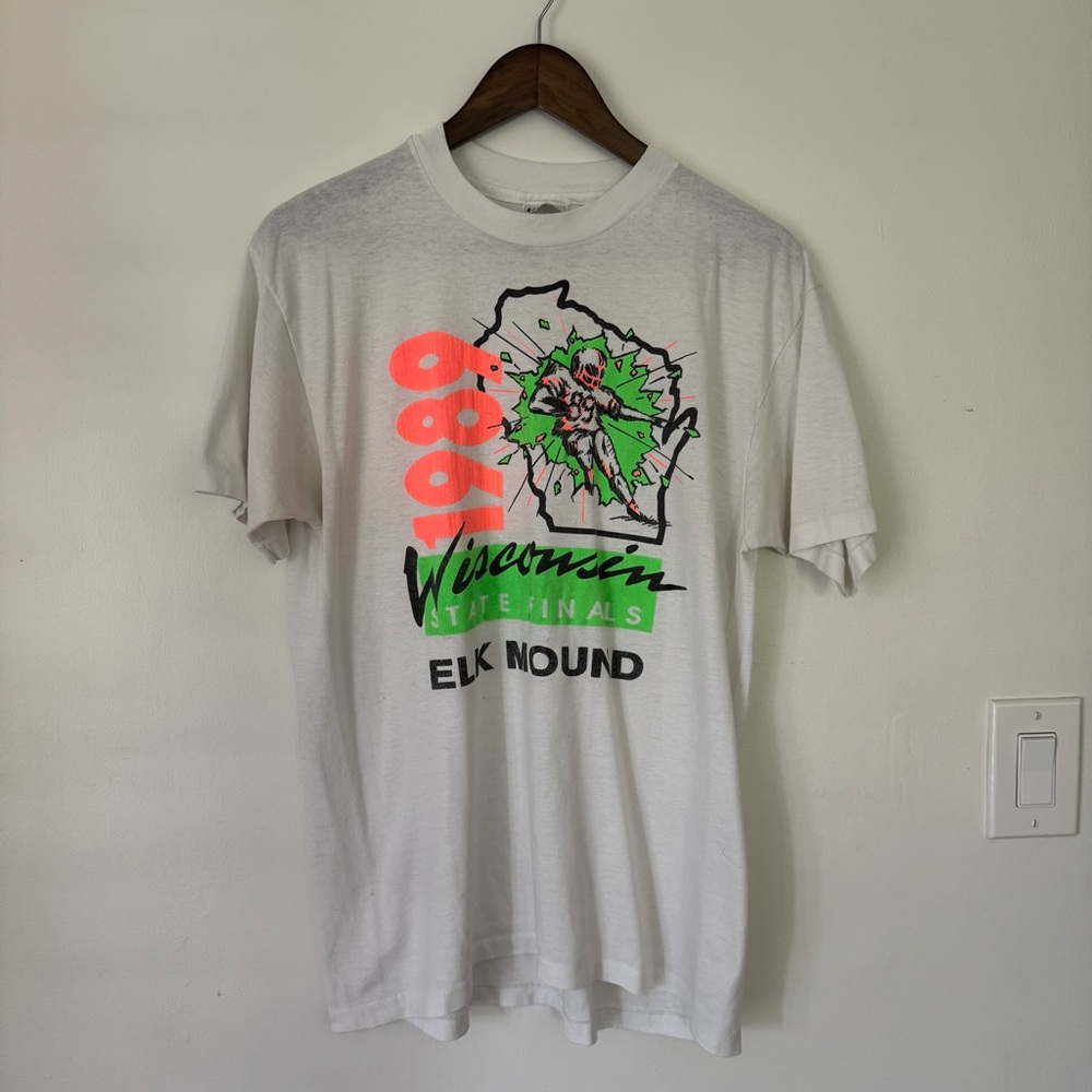 Vintage 1989 Wisconsin State Football Finals Elk Mound HS White Tee